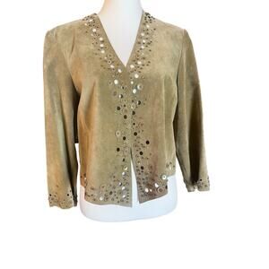 ANNE KLEIN WOMENS LARGE OLIVE GREEN 100% LEATHER EYELET STUDDED JACKET